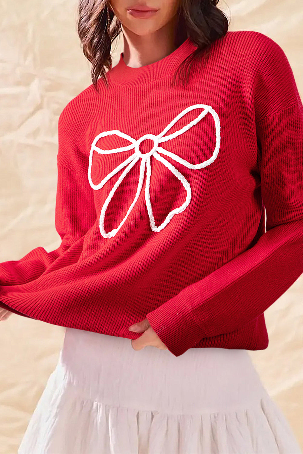 Fiery Red Bow Embroidered Graphic Ribbed Sweater Top For Women Casual Everyday Knitwear Dear-Lover Dropshipping